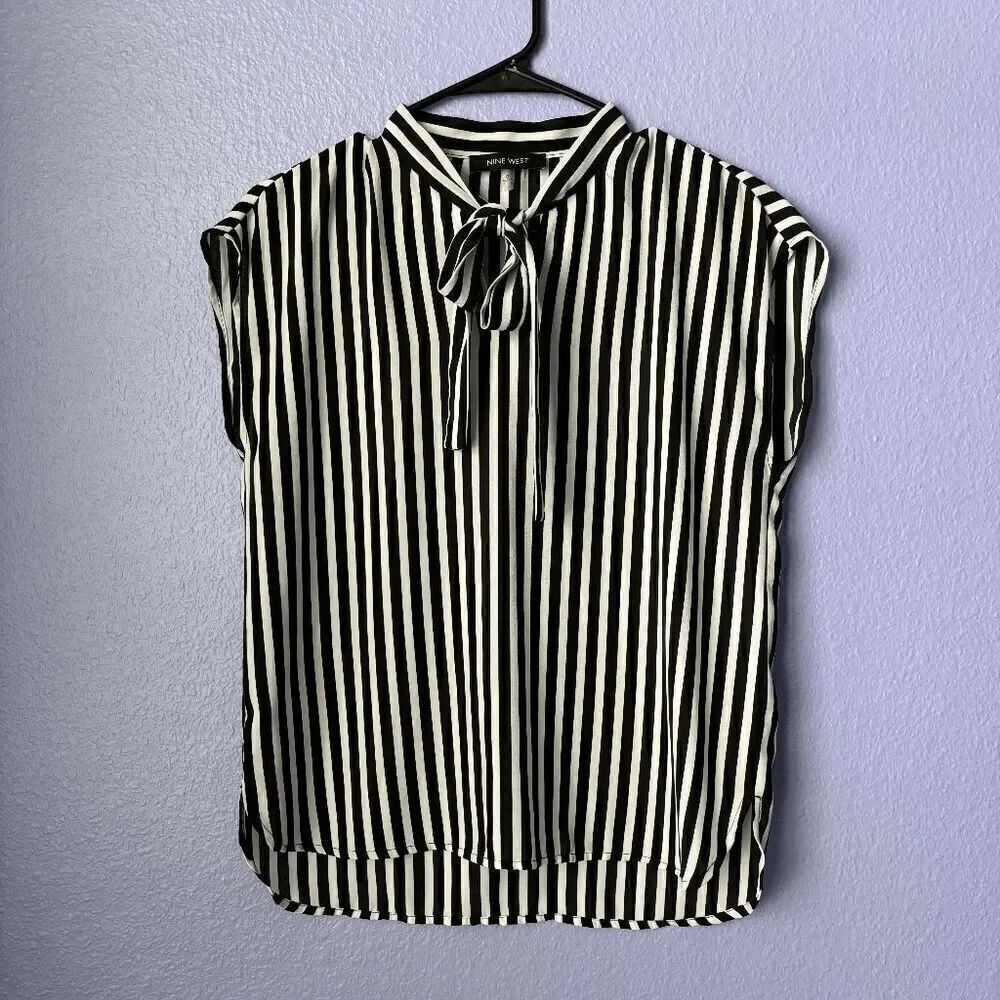 Women's Nine West Blouse Striped Tie-Neck Top Sleeveless Loose Fit V Neck XS